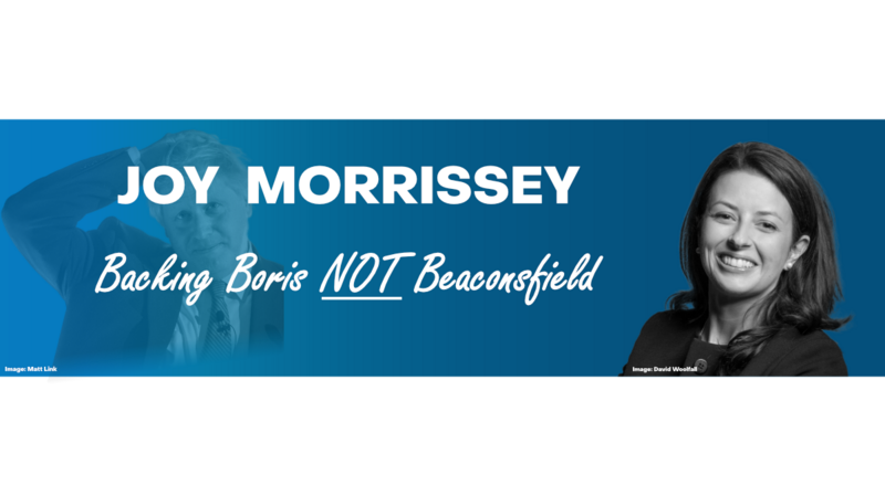 image of Joy Morrissey with caption "backing Boris NOT Beaconsfield".