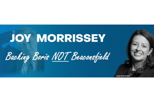 image of Joy Morrissey with caption "backing Boris NOT Beaconsfield".